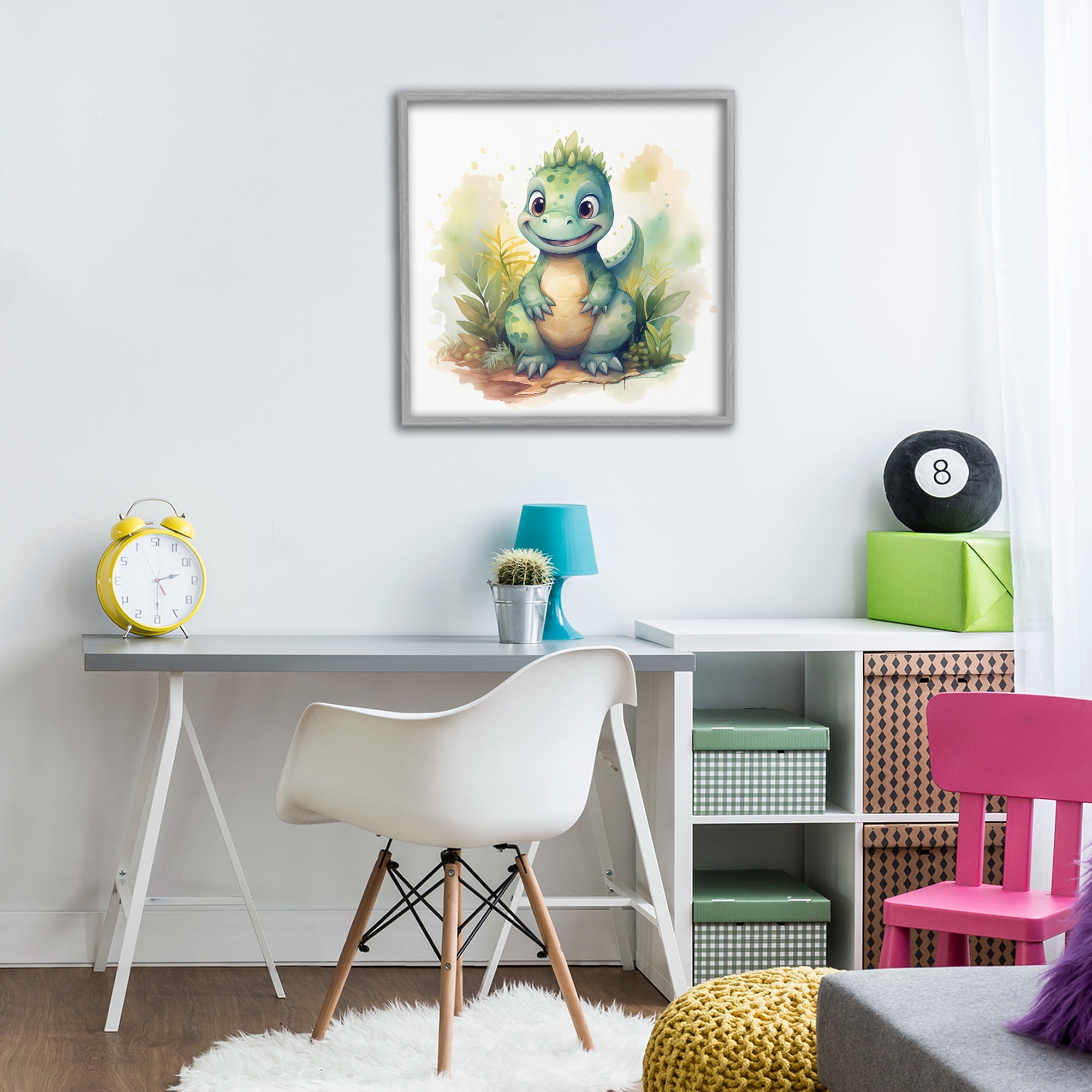 Stupell Industries Crafty Smiling Dinosaur Gray Framed Giclee Art, design by Steve Hunziker