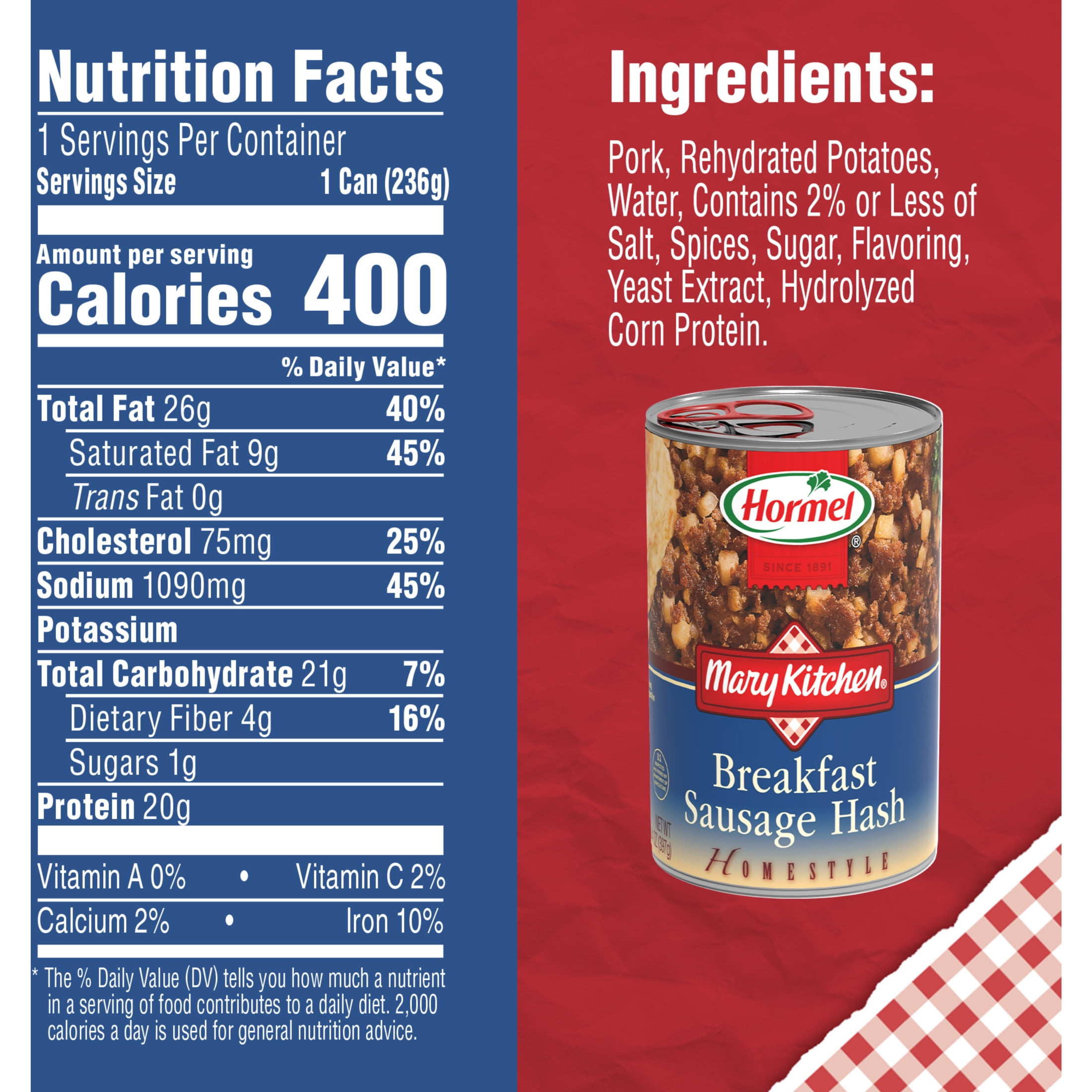 (12 pack) HORMEL MARY KITCHEN Breakfast Sausage Hash, Shelf-Stable, 14 oz Steel Can