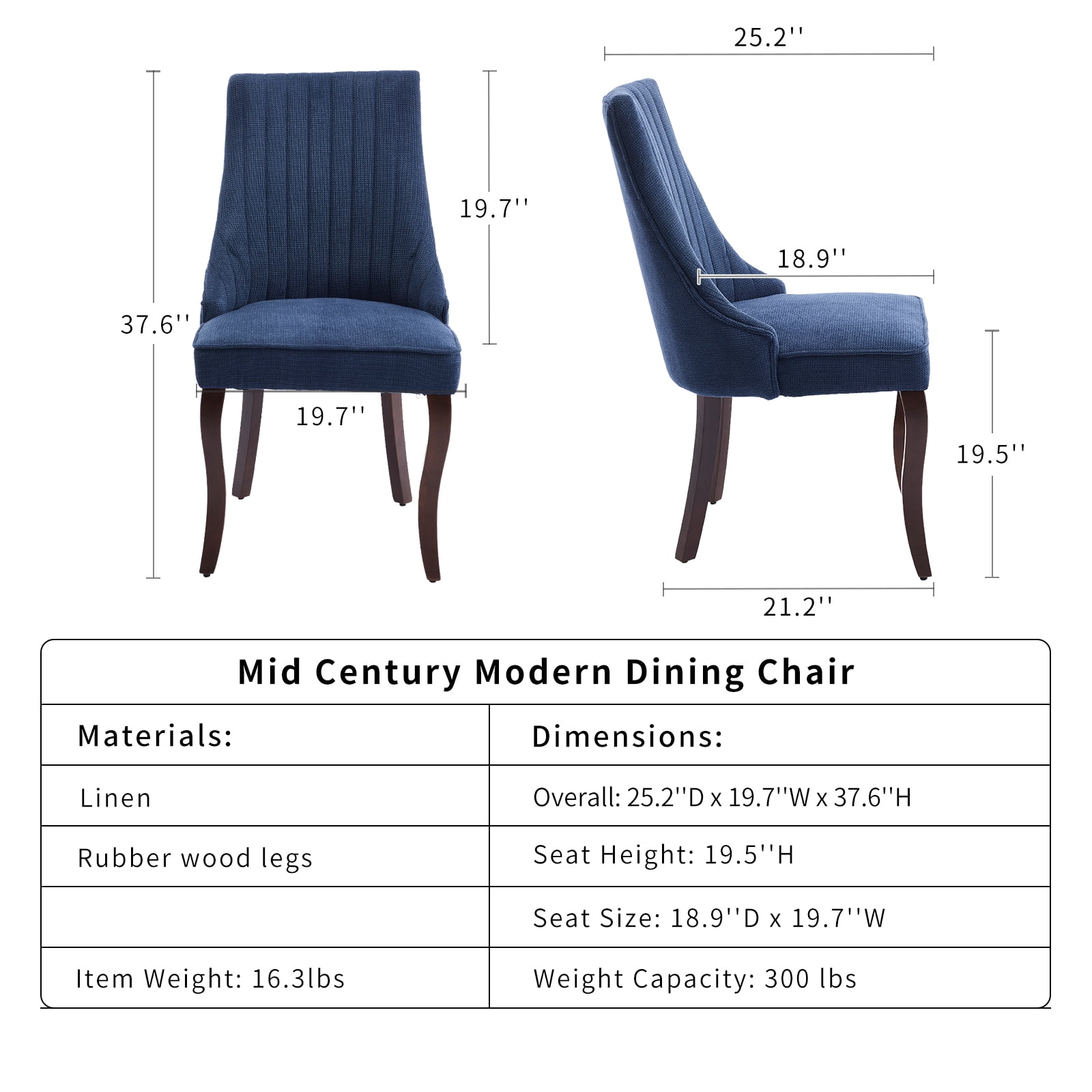 Navy Mid Century Dining Chairs Set of 8, Modern Kitchen & Dining Room Chairs Set of 8, Linen Upholstered Kitchen Chairs, Sillas de Comedor, Wood Legs (Blue, 8 Pcs)