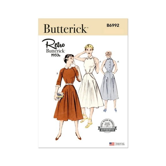 Butterick Sewing Pattern 6992 - 1950s Misses' Dress with Sleeve Variations, Size: R5 (14-16-18-20-22)