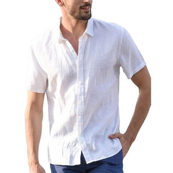 Viworld Mens Linen Short Sleeve Solid Shirts Casual Loose Dress Soft Tops Tee