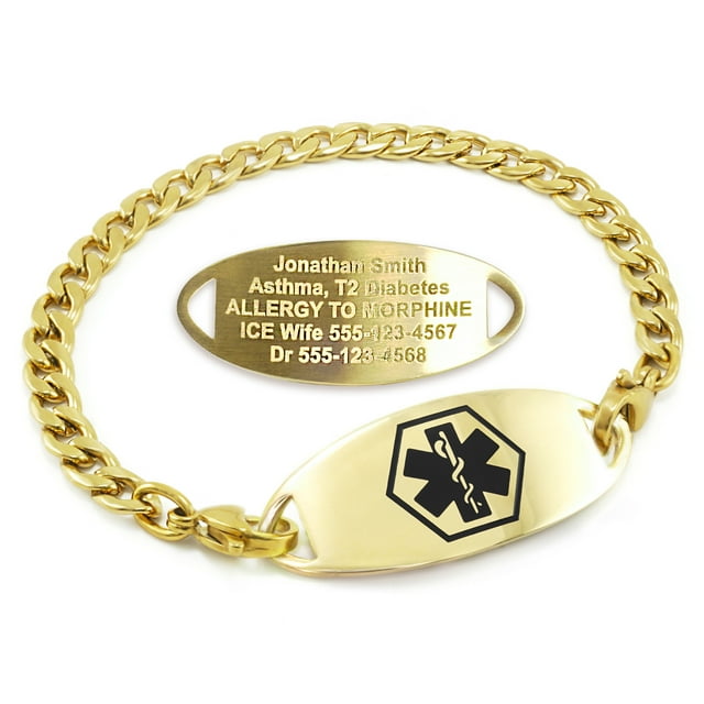 MedicEngraved Yellow Gold Stainless Steel Custom Medical Alert Bracelet - 5mm Curb Link
