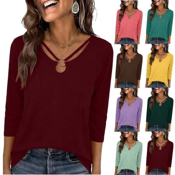 SROBPTY Womens Top Solid Crew Neck 3/4 Sleeve Shirt