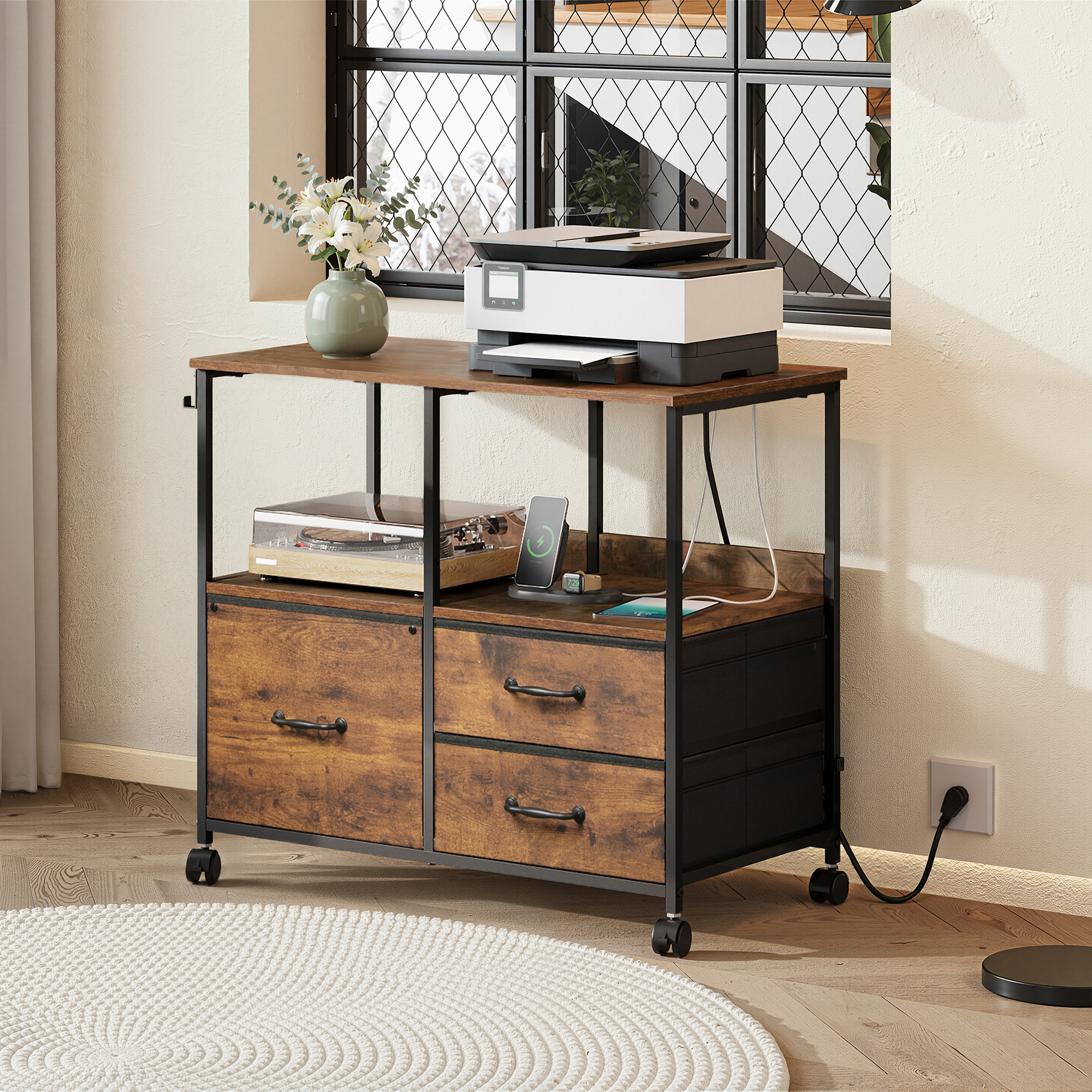 GALAXHERO 3 Drawer File Cabinet with Charging Station, Mobile Printer Stand with Storage Shelves, Filing Cabinet Furniture for Home Office, Fits Letter/A4, Rustic Brown