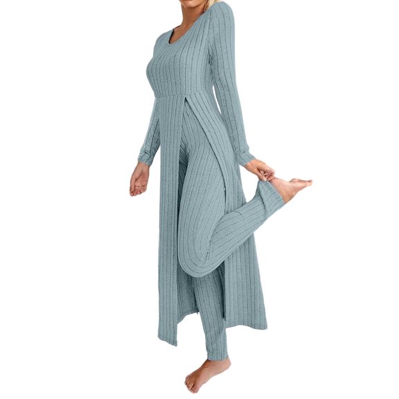 sususu Sets for Women Clothing Two Piece,Fall Outfits Elegant Women Solid Round Neck Slit Long Sleeve Dress And Pants Two Piece Suit Set For Daily Wear - Light Blue