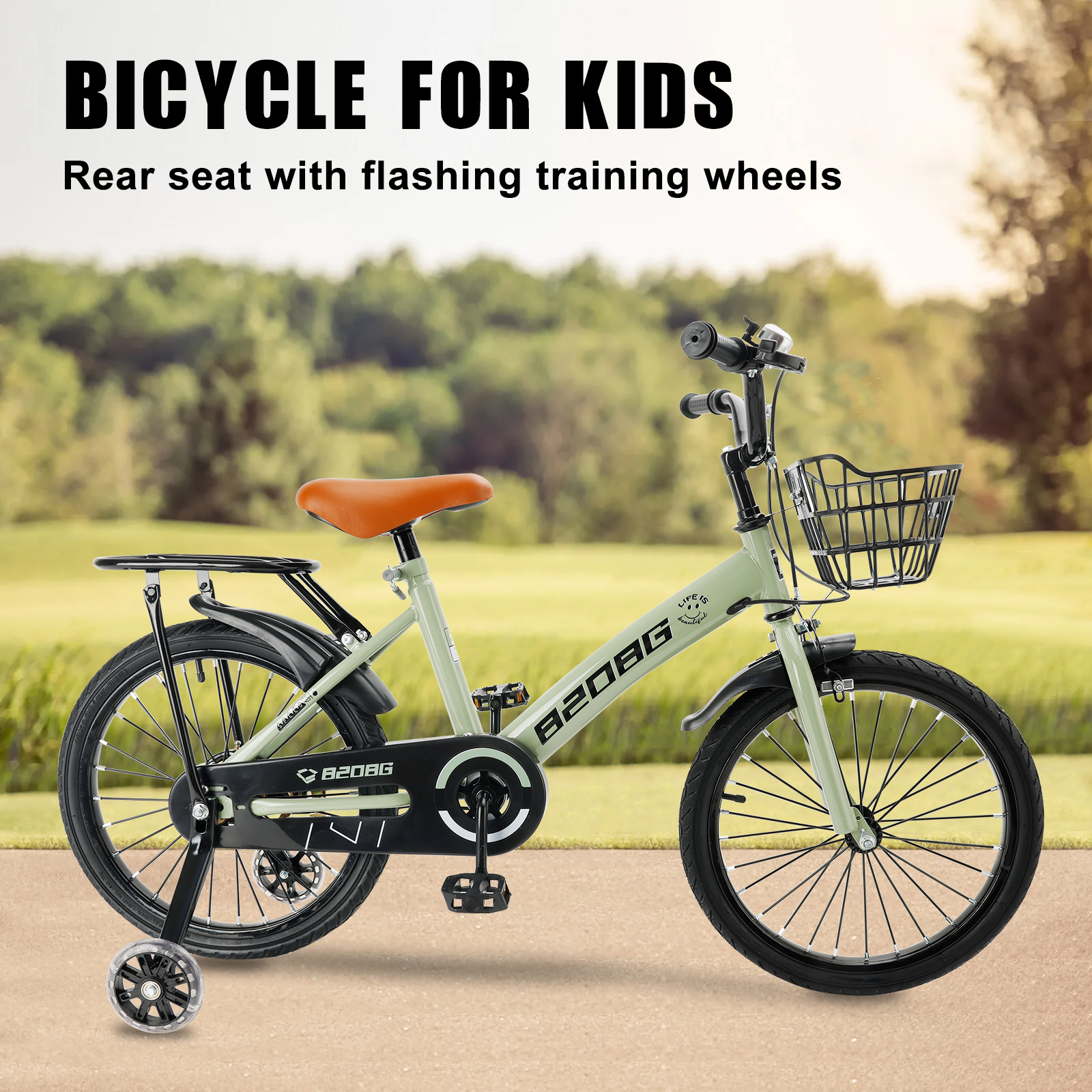 ARTUDATECH Kids Bike, 18 Inch Children Bikes for Boys Girls Age 6-10 Years old with Lighting Training Wheels, Basket, Dual Brake, Kids Bicycle Green