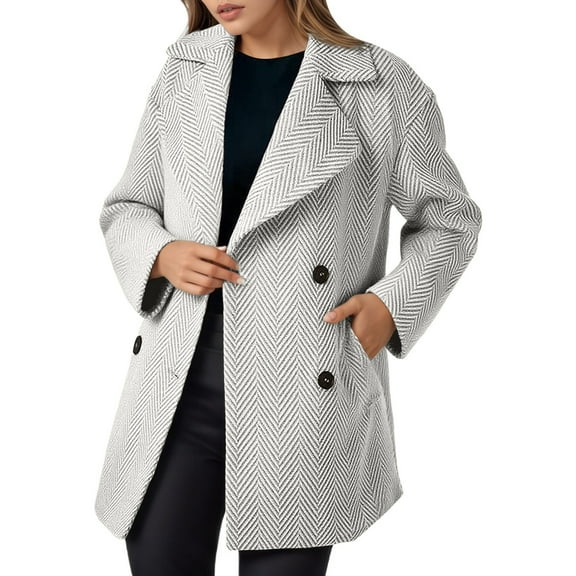 Women’s Fashion Striped Print Notch Lapel Wool Blend Coat With Full winter coats for women