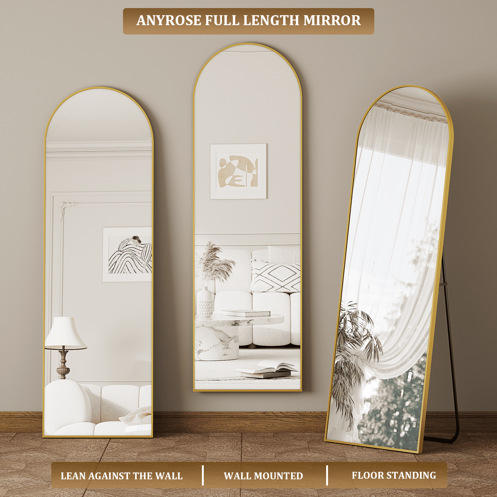 Anyrose 59"x16.3" Arched Full Length Floor Mirror Wall-Mounted Leaning Mirror,Gold