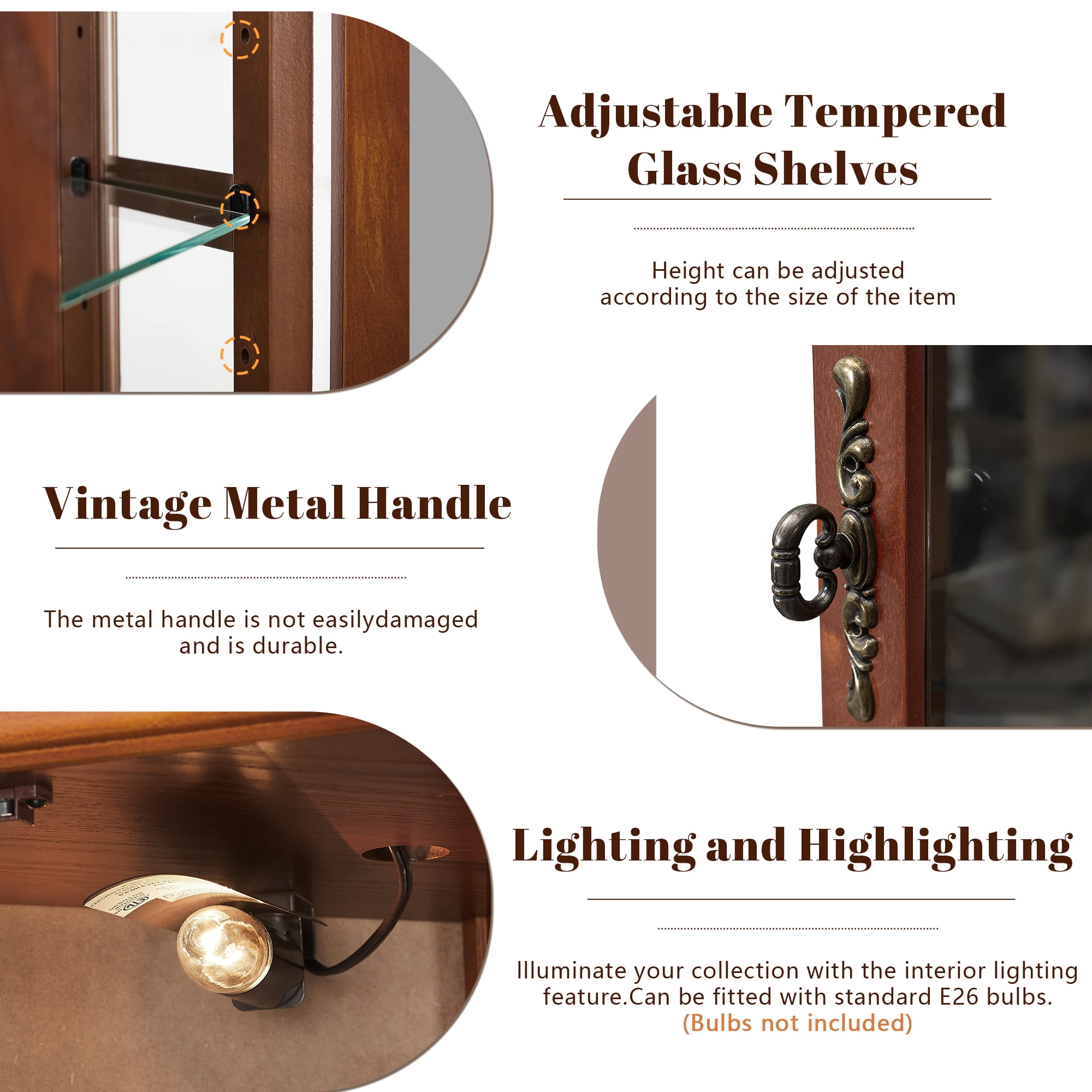 Miniyam 5 Shelf Corner Curio Display Cabinet with Lights,China Display Cabinet with Glass Doors,Lighted Display Cabinet,Oak(E26 light bulb not included)