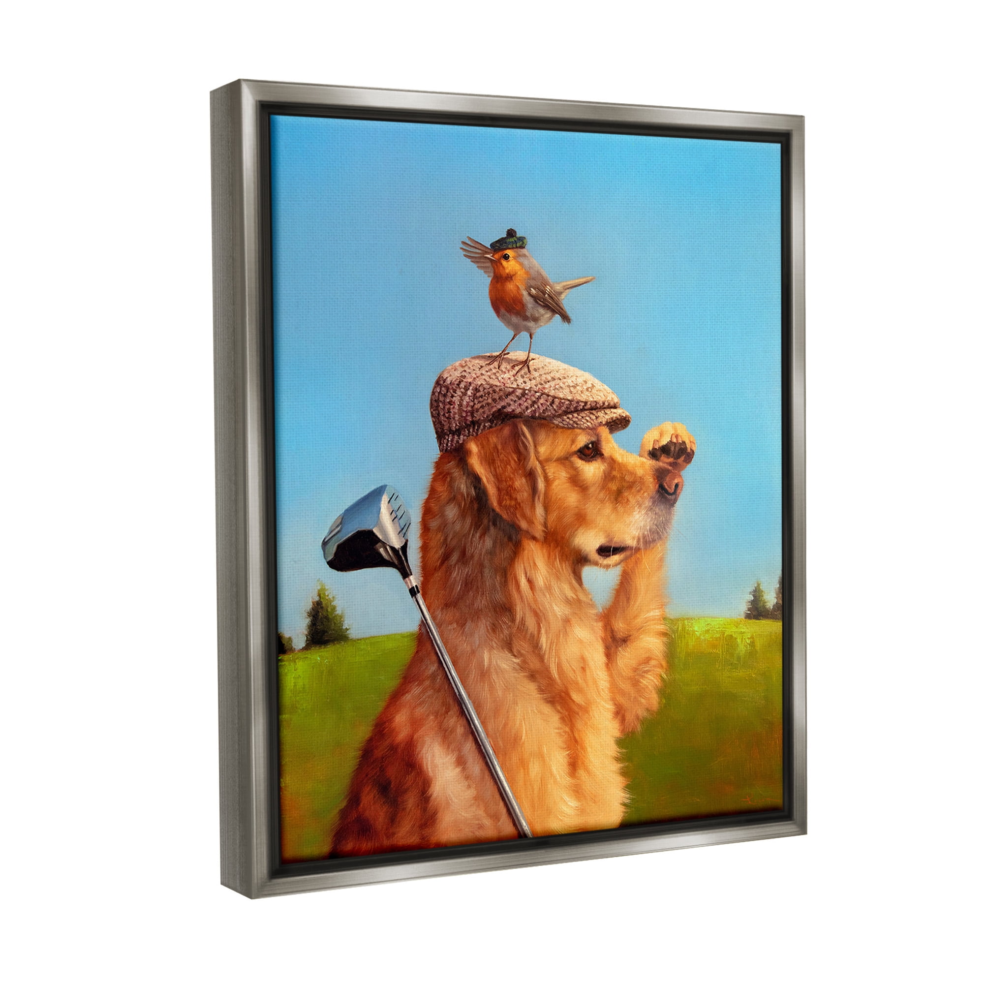 Stupell Industries Bird & Dog Golfing Animals & Insects Painting Gray Floater Framed Canvas Art Print Wall Art, 17 x 21