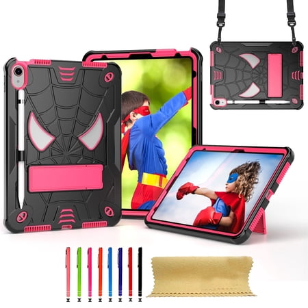 TECH CIRCLE for iPad 11-inch A16 (2025), iPad 10.9" (10th Gen) 2022 Release Shockproof Case with Kickstand/Pencil Holder Loop/Shoulder Strap/Stylus, Cute Spider Rugged Cover, Black+Rose