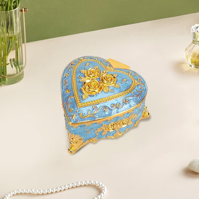 Organizador de collar de caja de joyería en forma de corazón elegante artesanías únicas de joyería de joyería de caja de barcos para habitaciones para azul