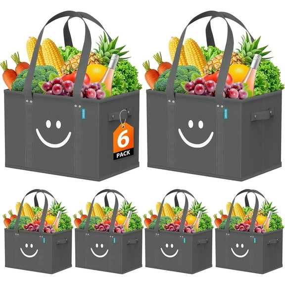 Reusable Grocery Bags 6 Pack - Collapsible Tote Shopping Bags with Sturdy Handles & Bottom to Stands Upright, Grey
