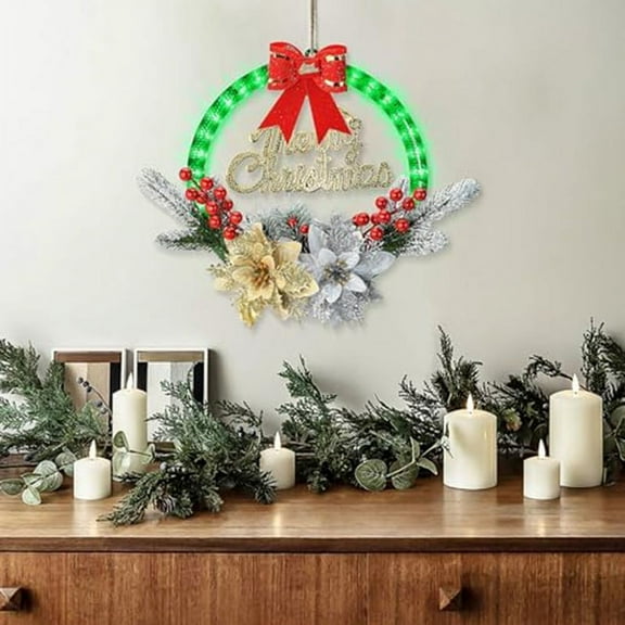 Christmas Wreaths for Front Door -Christmas Wreath with Lights, Flowers Picks, Green Pretty Garland Decor