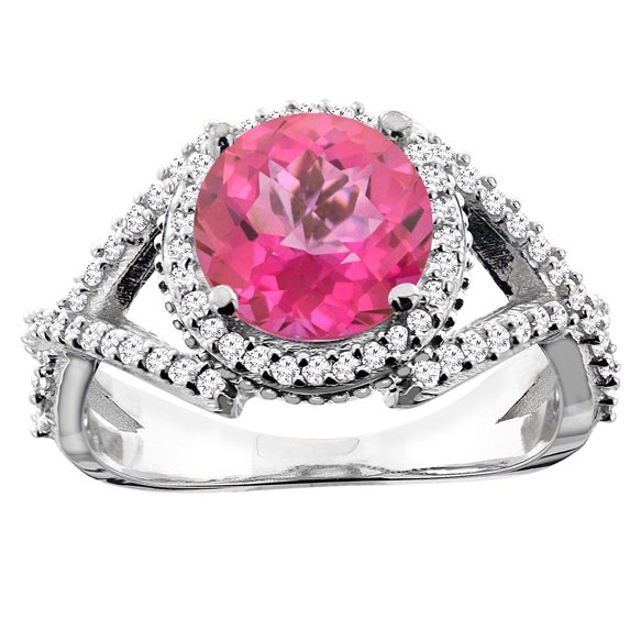 14K White Gold Natural Pink Topaz Ring Round 8mm Diamond Accent, size 5.5