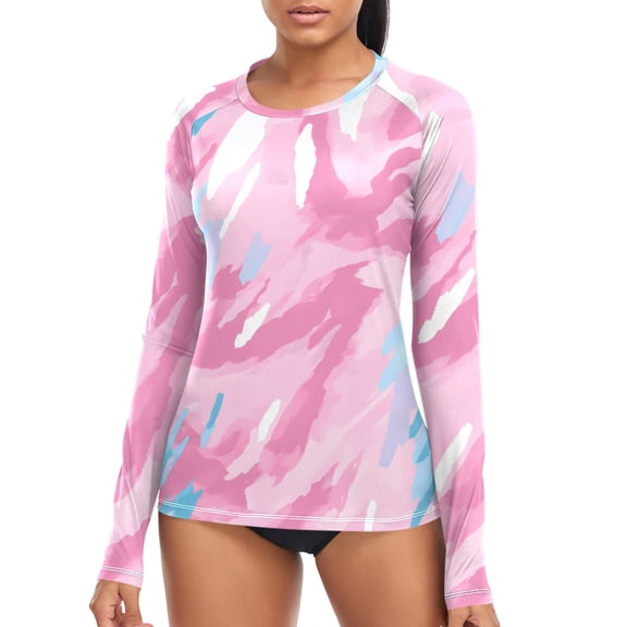 joogoo Womens UPF 50 Sun Shirts Pink and Blue Tie Dye Long Sleeve UV Protection Rash Guard Tops S