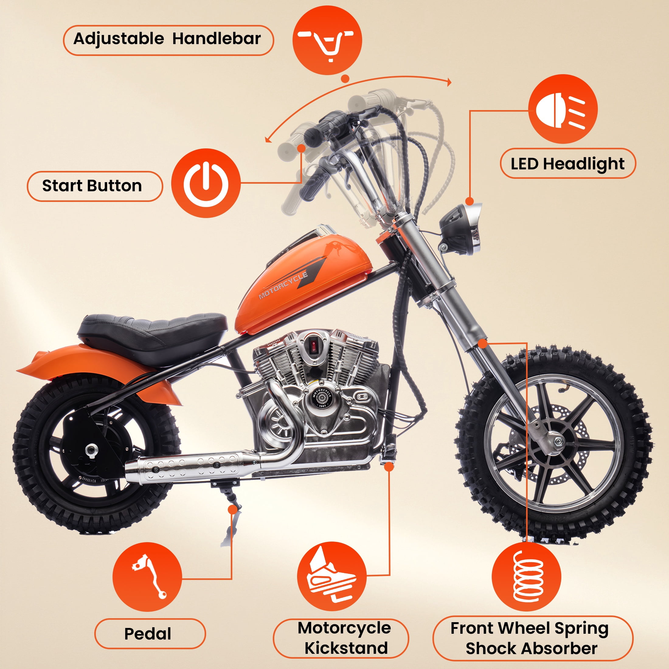 36V Power Ride on Motorcycle for Teen, Kids Electric Motorcycle with Front Wheel suspension, LED Light, Top Speed 13.6 Mph, Electric Dirt Bike for Boys Girls, Oranger