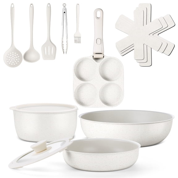 Vesteel 12Pcs Pots and Pans Set, Nonstick Cookware Set with Detachable Handle and Egg Frying Pan, Stackable RV Kitchen Cooking Utensils Set, White