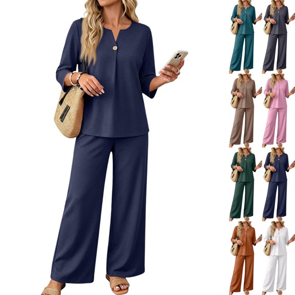 Two Piece Sets for Women 3/4 Sleeve Button Lounge Sets 2026 Summer Fall Vacation Travel Outfits Fashion Clothing Royal Blue M