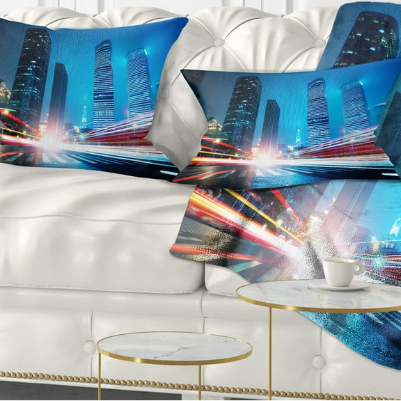 Designart Shanghai Lujiazui Finance at Night - Cityscape Throw Pillow - 12x20