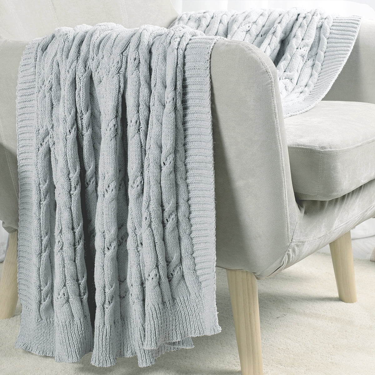 Carriediosa Cable Knit Throw Blanket Farmhouse Decor for Couch Chair Bed Sofa, 60" x 80" Light Grey