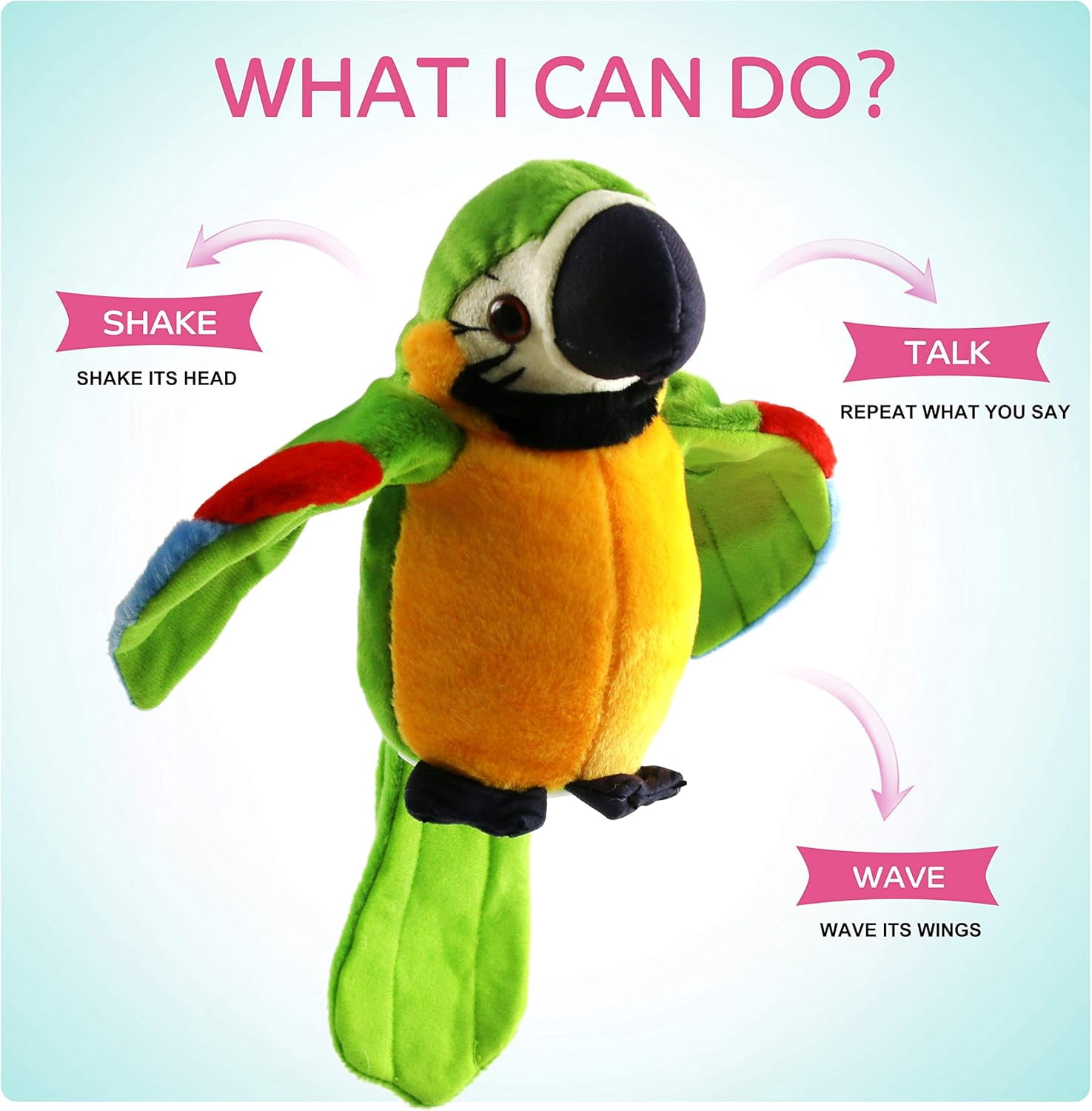Houwsbaby 9'' Green Electronic Musical Talking Parrot Plush Toy,Interactive Toy,Recording Stuffed Animal Repeat What You Say Shake Wings Macaw Record Bird Toy for Kids Boys Girls