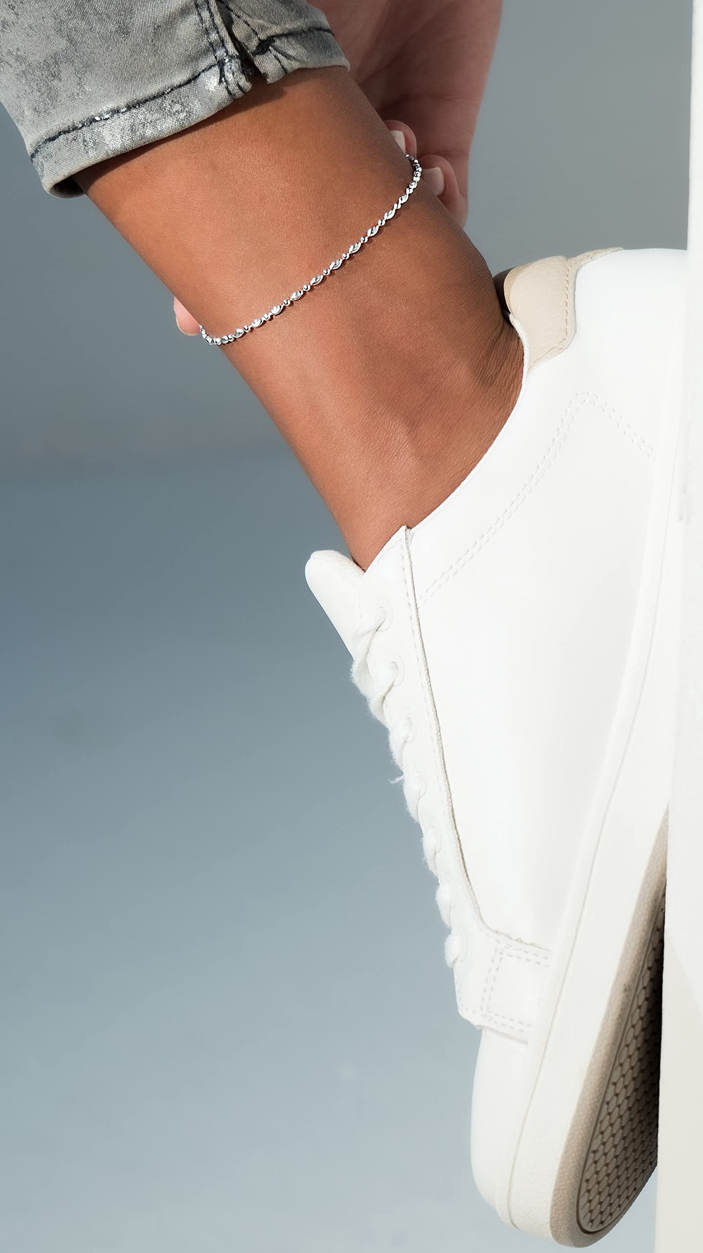 Miabella 925 Sterling Silver Diamond-Cut Oval and Round Bead Ball Chain Anklet Ankle Bracelet for Women, Made in Italy (sterling-silver, Length 9 Inches (X-Small))