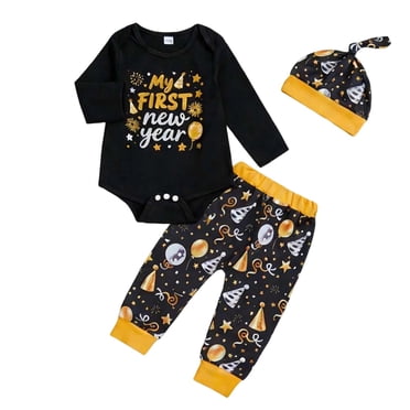 Tiijoy Boys New Year Long Sleeve Romper Pants Hat Outfits Baby Clothes, Sizes 6-12M