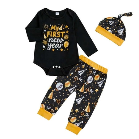Tiijoy Boys New Year Long Sleeve Romper Pants Hat Outfits Baby Clothes, Sizes 6-12M