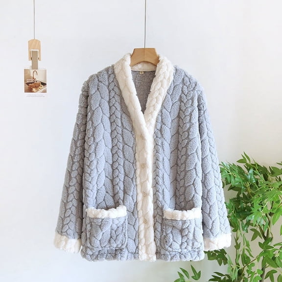 Women's Winter Fuzzy Fleece Bed Jacket Casual Thicken Warm Flannel Button down Sleepwear Cozy Soft Comfy Loungewear New Nighty for Women Blue L