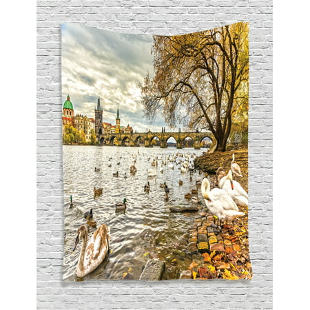 Nature Tapestry Wall Hanging Prague Charles Bridge and Old Town Czech Republic Riverside Scenic View with Swans, Bedroom Living Room Dorm Decor, Gold Grey, by Ambesonne