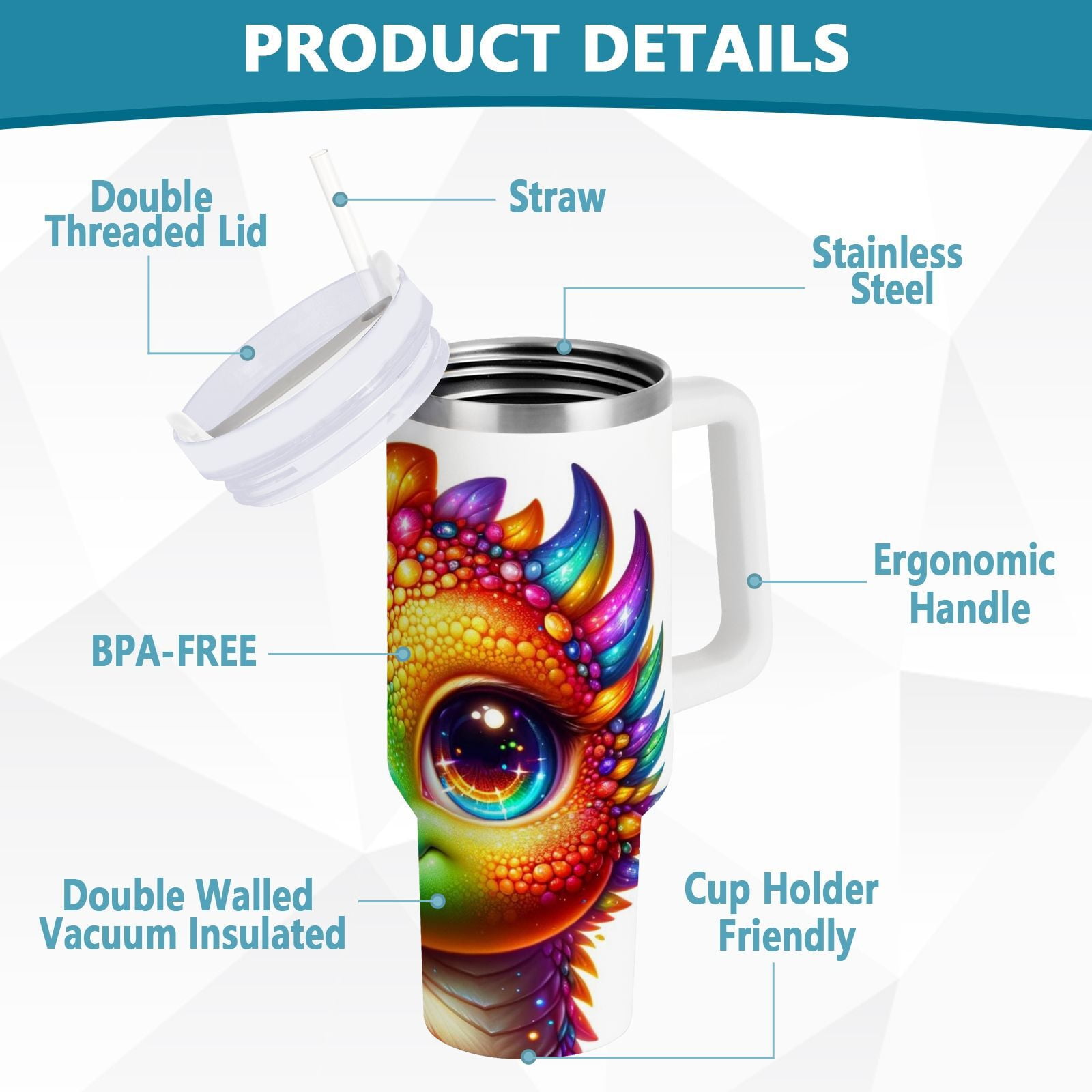 JSTEL Cute Rainbow Baby Dragon 30 oz Tumbler Stainless Steel Water Bottle Vacuum Insulated Cup with Straw Lid & Handle For Travel Car Cup Holder