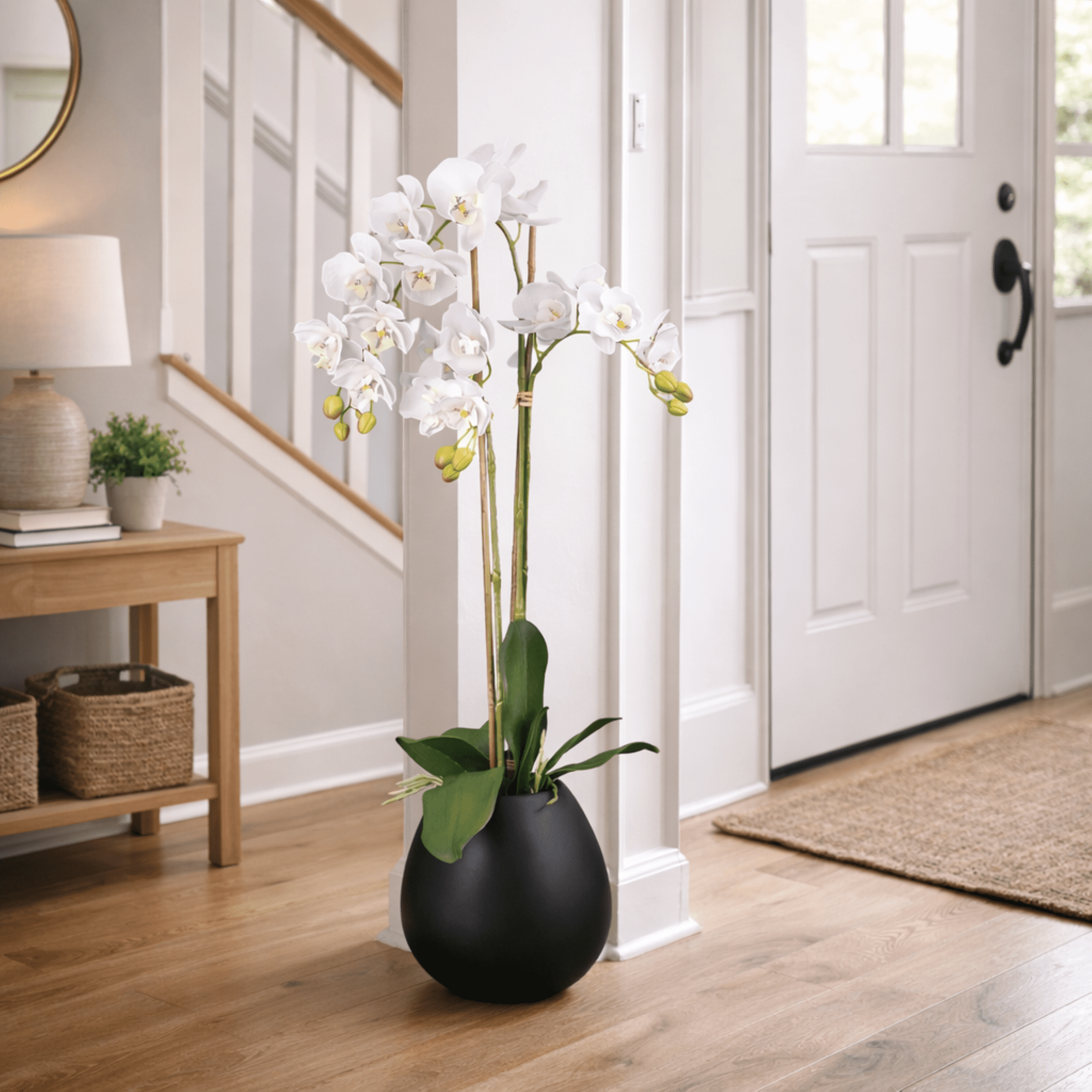 Artificial Plant, 2.67ft Artificial White Orchid in a Black Embossed Ceramic Pot by LCG Florals, Faux Designer Fake Indoor Tree for Living Room, Office, and Home Décor