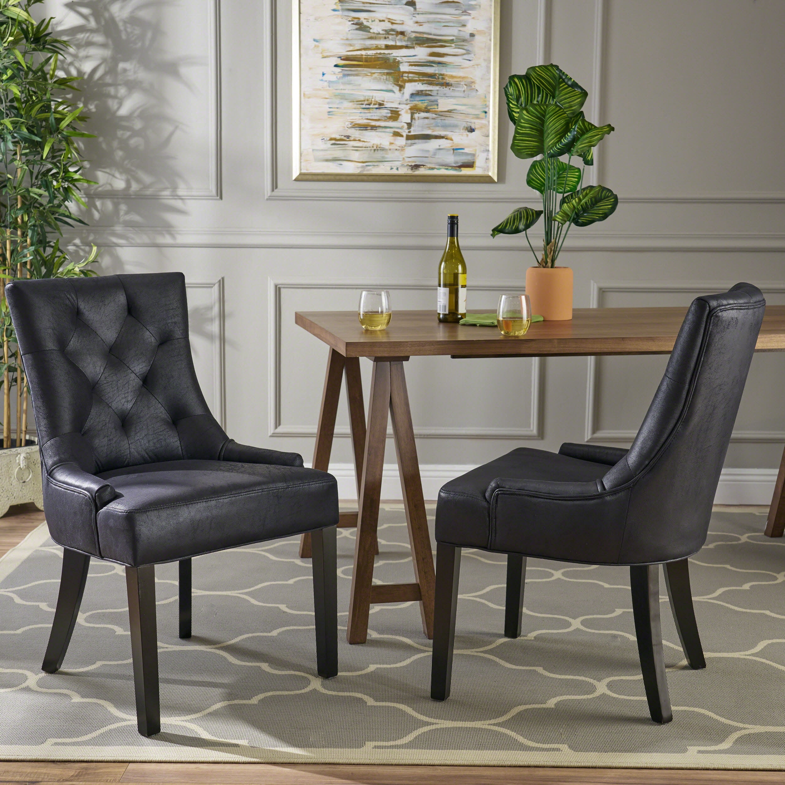 GDF Studio Maggie Contemporary Tufted Dining Chairs, Set of 2, Black Microfiber and Espresso