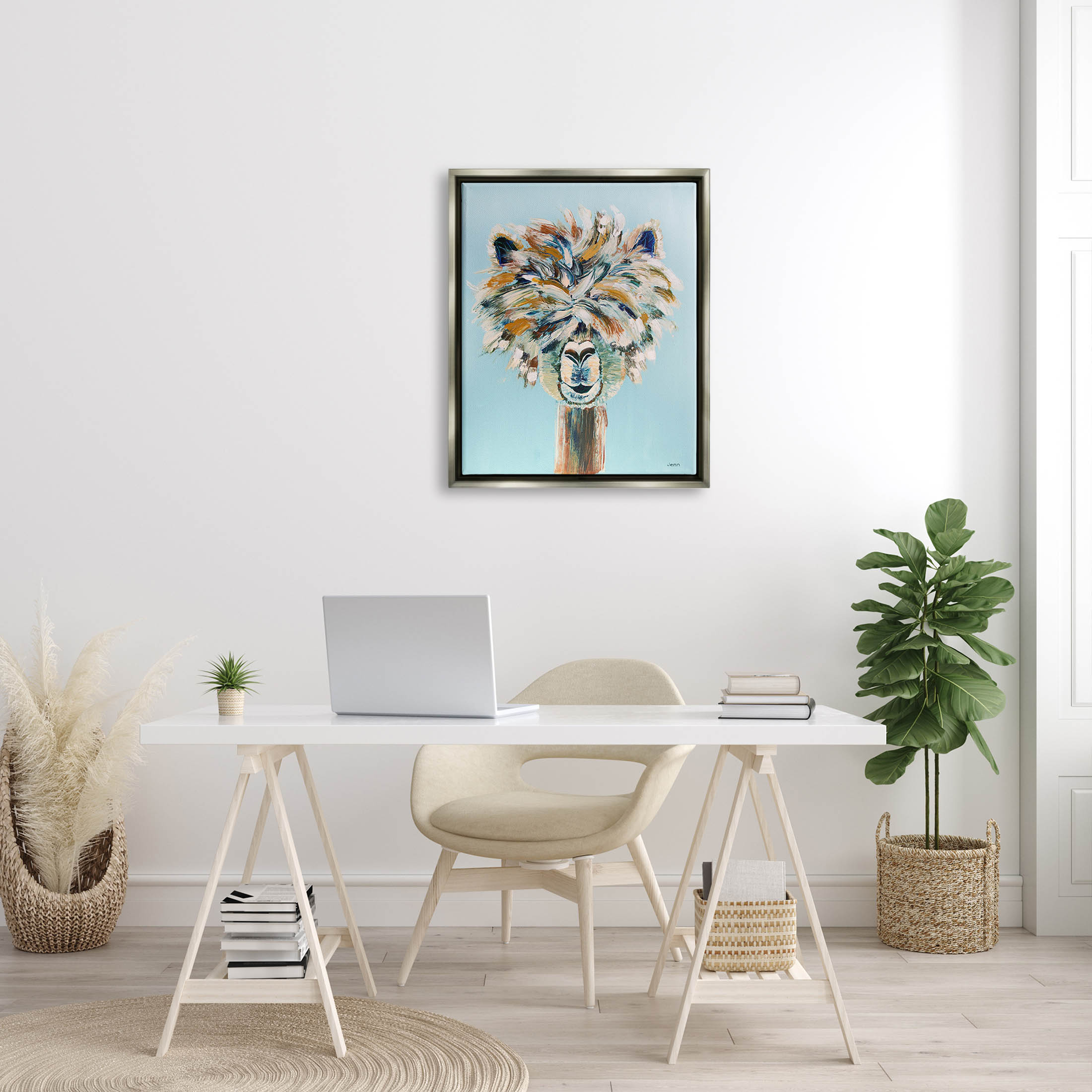 Fluffy Alpaca Happy Animal Animals & Insects Painting Luster Gray Framed Art Print Wall Art