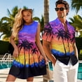 thumbnail image 3 of Jeiento Matching Hawaiian Outfits for Couples Summer Dresses for Women 2026 Coconut Tree Mens Button Down Shirt Sunset Round Neck Sleeveless Mini Dress Loose Fit Pleated Dresses, 3 of 6