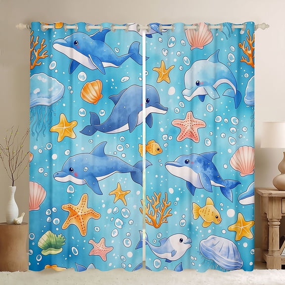Manfei Cartoon Dolphin Black Out Curtains for Kids Boys and Girls, Cute Fish Curtains Pack of 2 (42x63 Each)