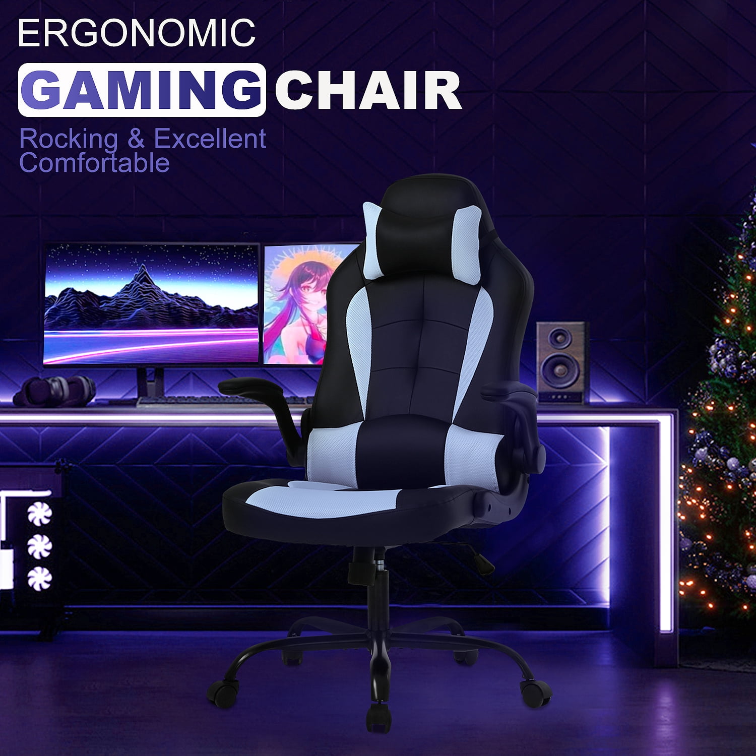 Furniture of America Hype Faux Leather Adjustable Gaming Chair, Black