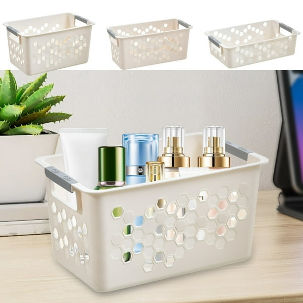 Cesta de Plástico Beige | Organizador de Escritorio con Asas | Diseño Apilable y Ventilado para Papelería, Lavandería y Organización de Armarios | 3 Tamaños Disponibles