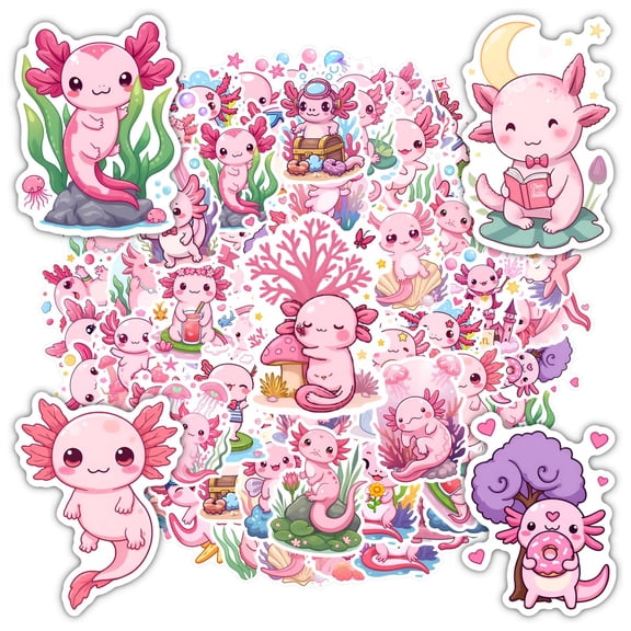 35pcs-50pcs Cute Axolotl Sticker Pack Pink Cartoon Stickers for Laptops Suitcase Phone