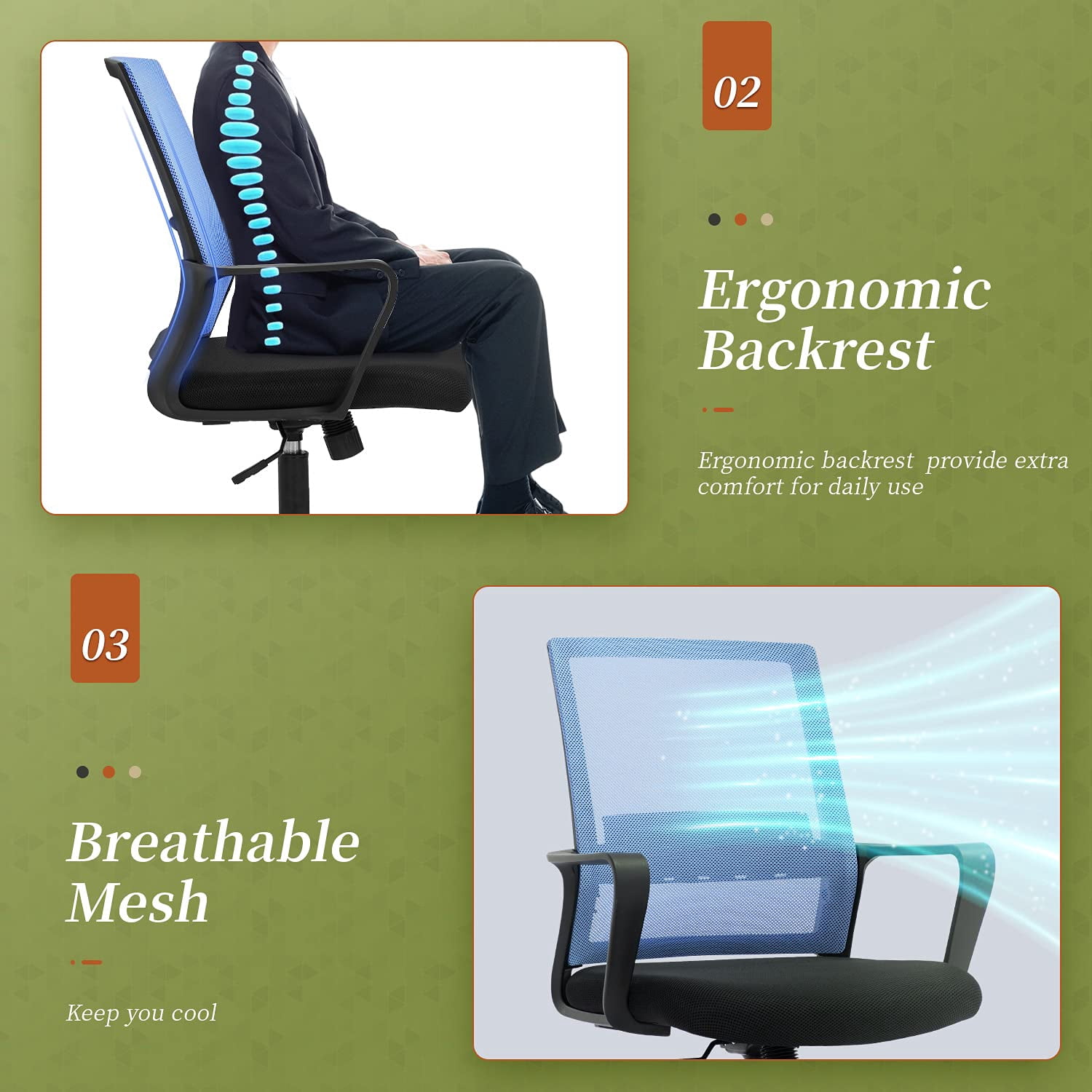 BestOffice Ergonomic Office Chair, Lumbar Support, Adjustable Height with Armrests for Adults(Blue)