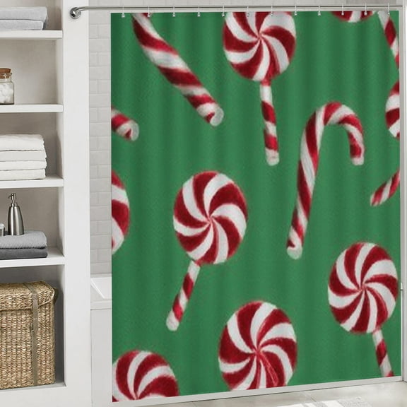 Christmas Shower Curtain, Green Candy Cane Shower Curtain with Hooks for Christmas Home Bathroom Decor Washable Curtains, 72x72 in