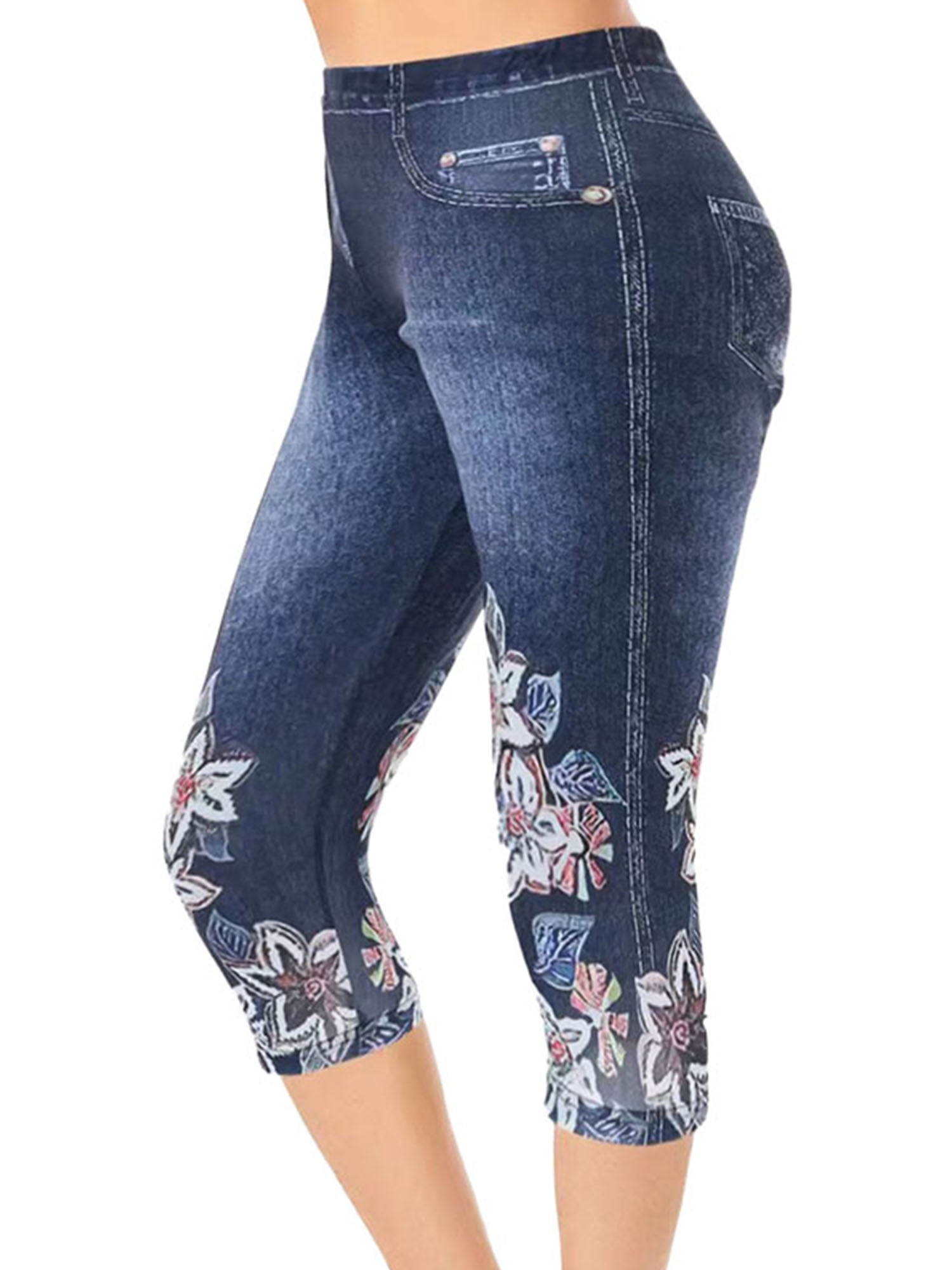 Sexy Dance Capri for Women Pull On Skinny Fake Jeans Imitation Denim Jeggings Blue C XS - Walmart.com