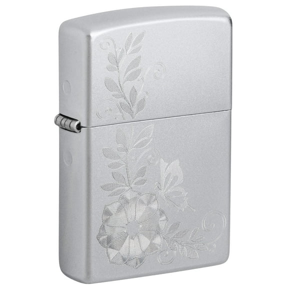 Zippo Lighter: Engraved Flower and Butterfly - Satin Chrome 81631