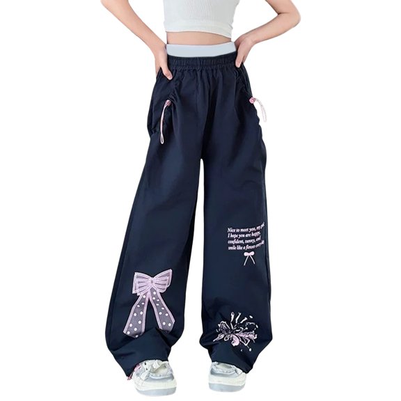 TIREOW Girls Cargo Pants Bow Print Elastic Waisted Wide Leg Cargo Sweatpants Streetwear Lightweight Quick Drying Casual Joggers