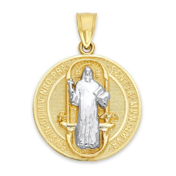 10k Gold Dainty Saint Benedict Double Sided Medallion Pendant, Solid Gold San Benito Medal for Necklace
