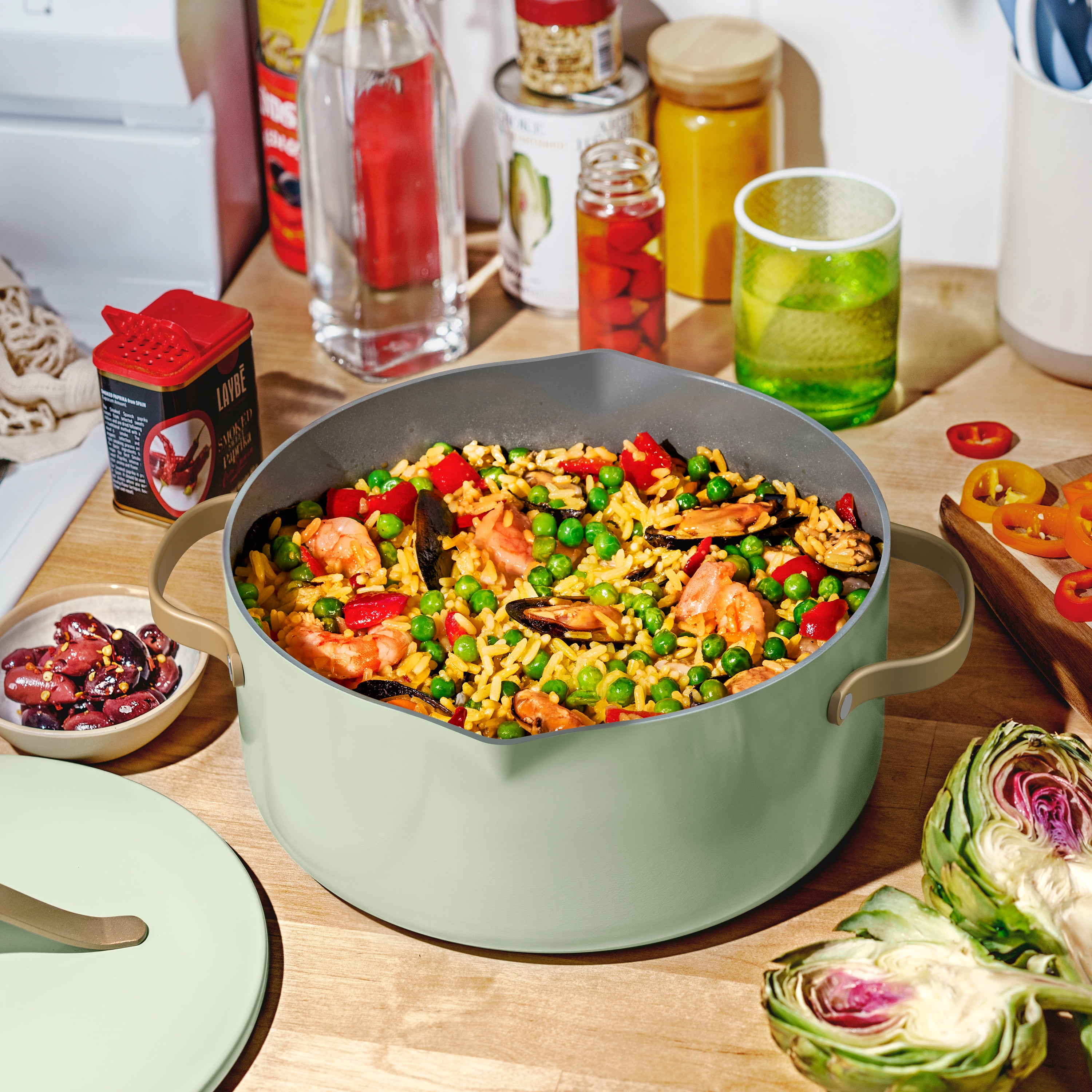 Beautiful 5 Quart Ceramic Non-Stick Dutch Oven with Strainer Lid, Sage Green by Drew Barrymore