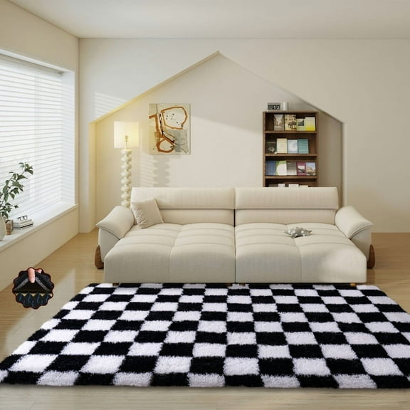 Conbriboy 5x7ft Black And White Modern Checkerboard Rug For Living Room Bedroom Non-Slip High Pile Soft Fluffy Rug Fuzzy Carpet Bedroom Kids Toddler Room Nursery Playroom, Dorm Home Decor