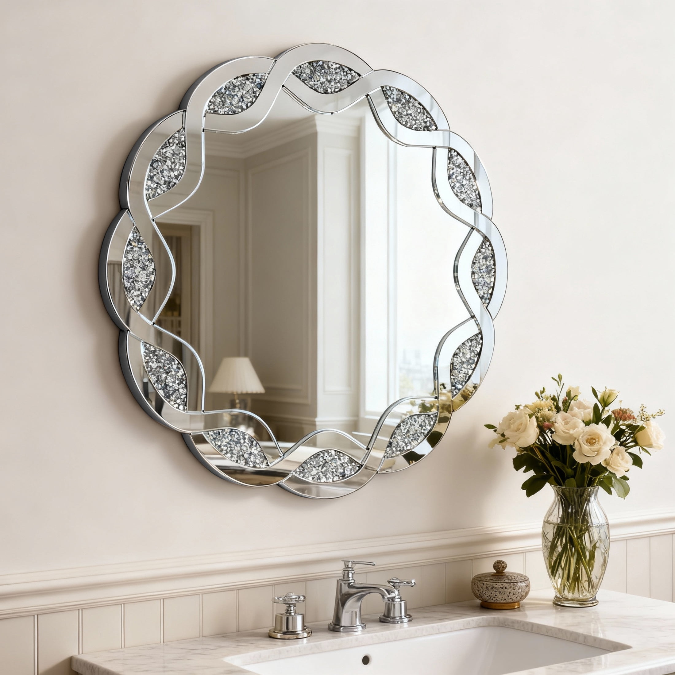 Noble House Crush Diamond Round Wall Mirror, Wave Frame Decorative Mirror Heavy Duty Frame with 2 Hangers, Silver