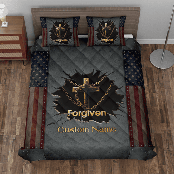 Lotusprinthandmade Personalized Christian Jesus Cross Forgiven America Quilt Bedding Set (Fold Hem) 5 Sizes (Made in Vietnam) (55x60), America-Inspired Faith Quilt Comforter